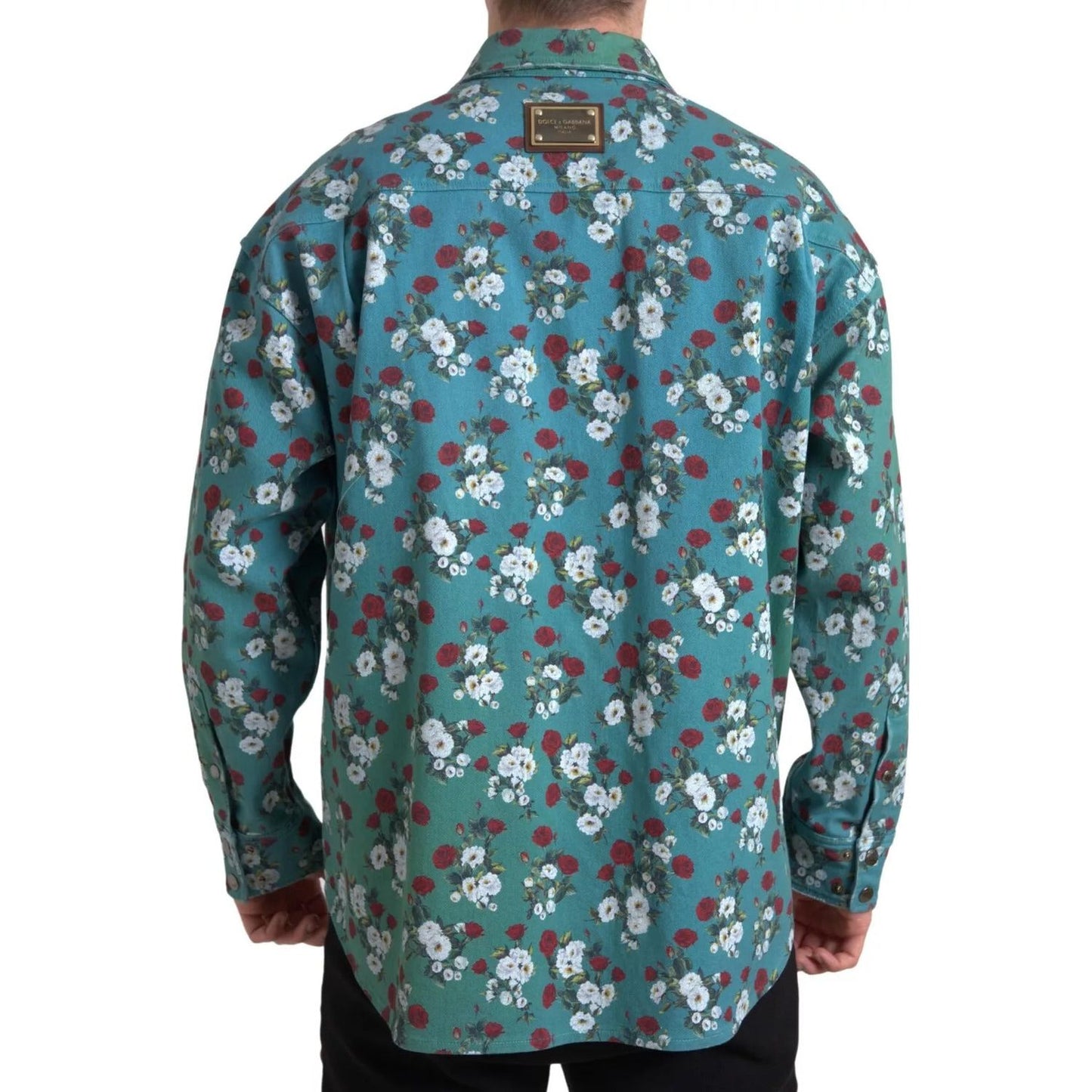 Dolce & Gabbana Blue Floral Cotton Button Down Denim Shirt TSH84198-39