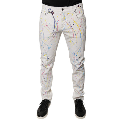 Dolce & Gabbana White Color Splash Print Skinny Denim Jeans