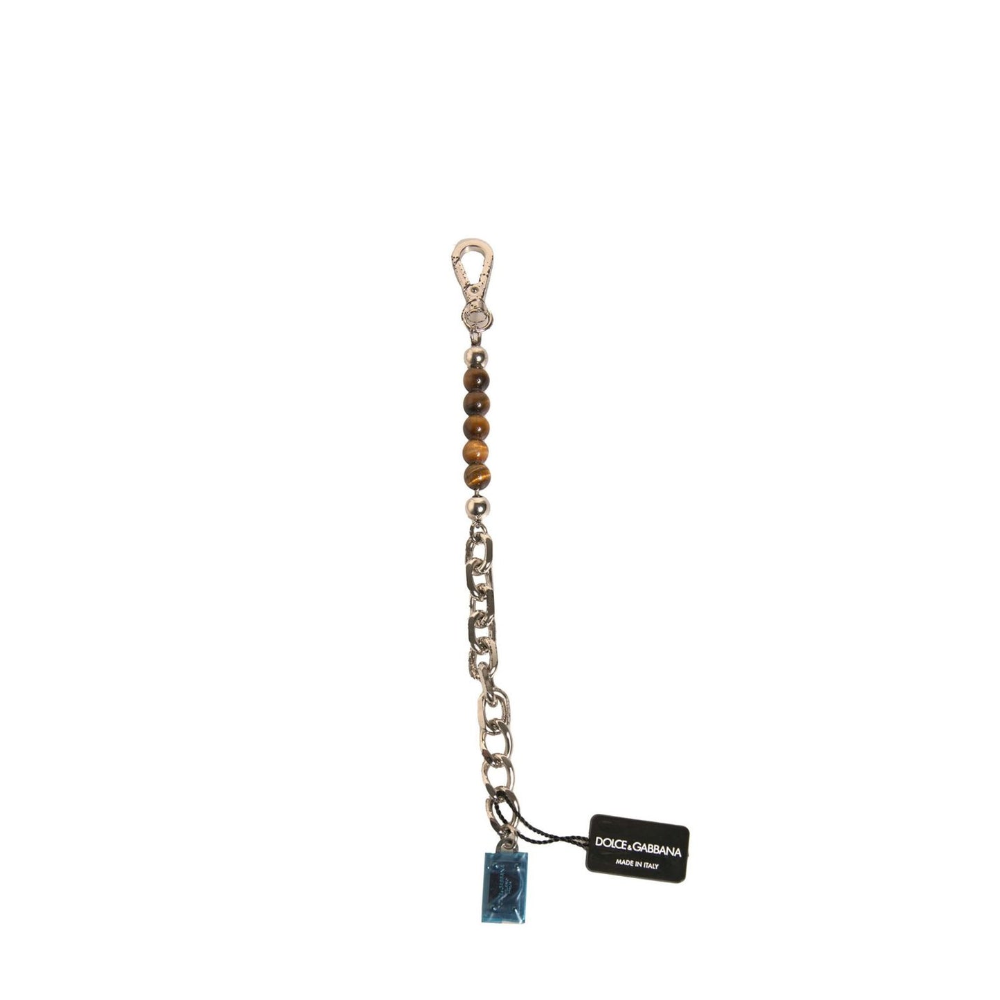 Dolce & Gabbana Silver Brass Chain Beaded Logo Plaque Keychain Keyring