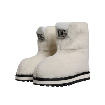 Dolce & Gabbana White Plush Logo Padded Mid Calf Boots Shoes