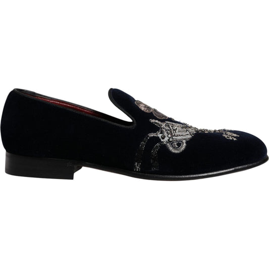 Dolce & Gabbana Black Velvet Floral Gun Loafers Dress Shoes