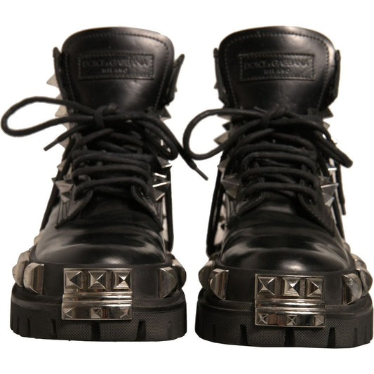 Dolce & Gabbana Black Leather Studded Trekking Boots Shoes