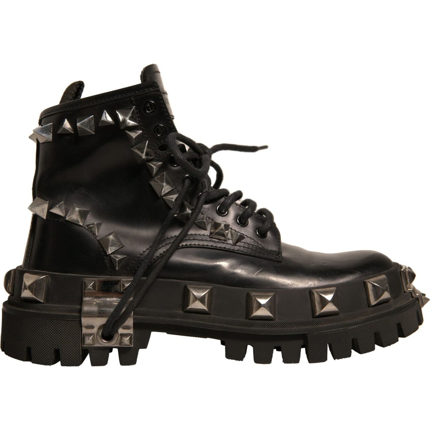Dolce & Gabbana Black Leather Studded Trekking Boots Shoes