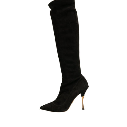 Dolce & Gabbana Black Suede Stiletto Knee High Boots Shoes