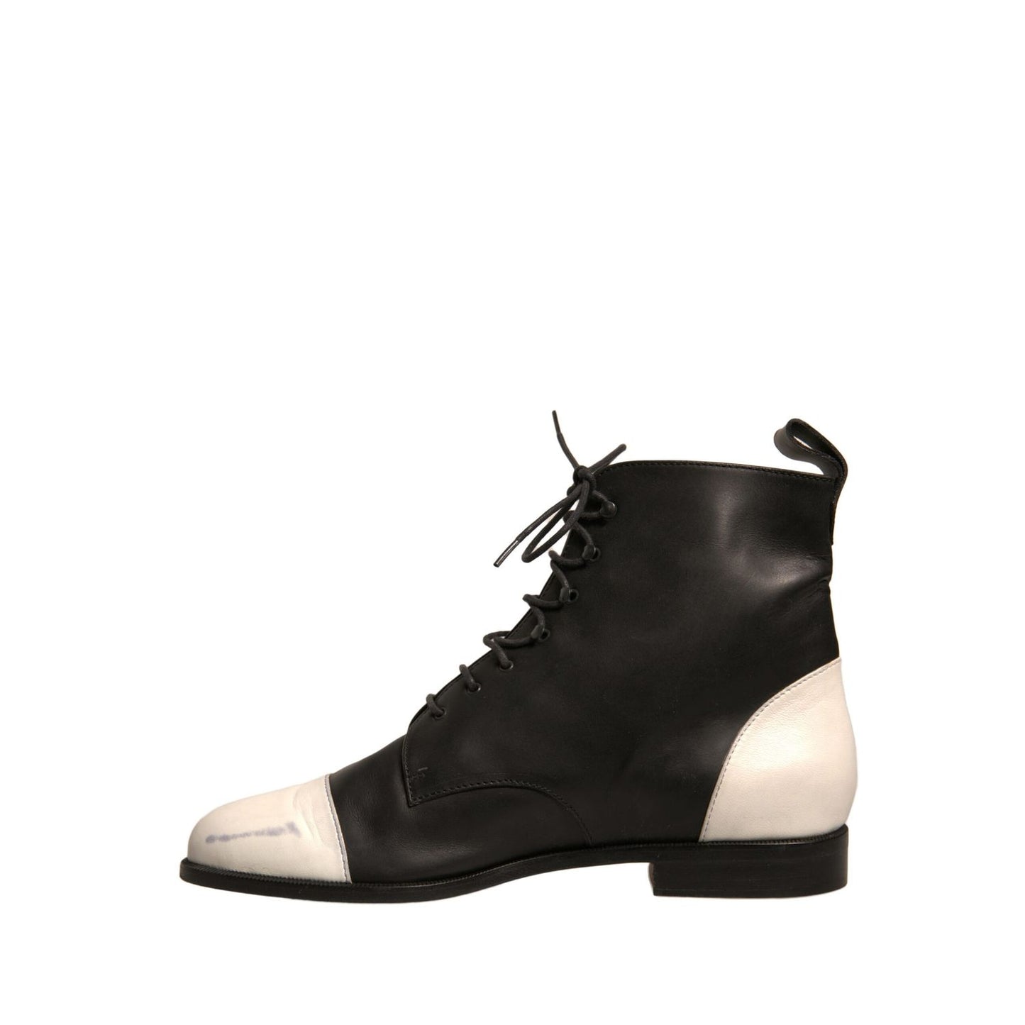 Sergio Rossi Black White Leather Lace Up Flats Ankle Boots Shoes