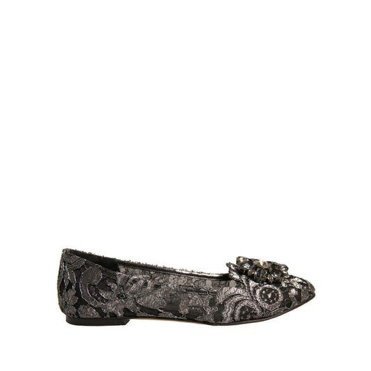 Dolce & Gabbana Silver Crystal Loafer Lace Ballet Flats Shoes
