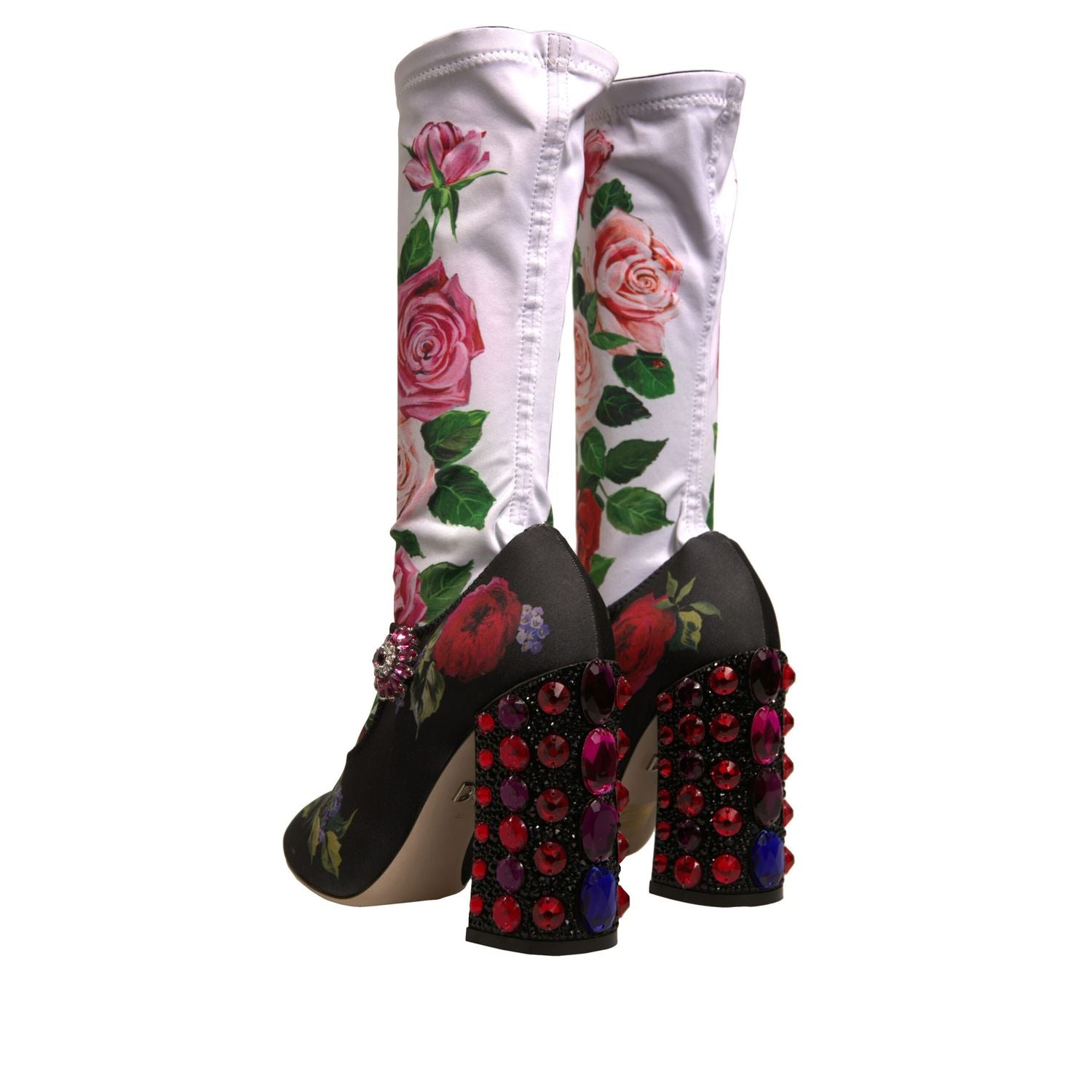 Dolce & Gabbana Black Floral Socks Crystal Boots Jersey Shoes