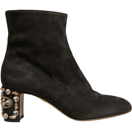 Dolce & Gabbana Black Embellished Heel Ankle Boots Shoes
