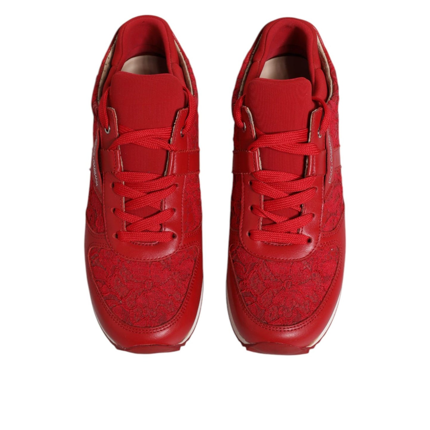 Dolce & Gabbana Red Floral Lace Leather Sneakers Shoes LA12348-36