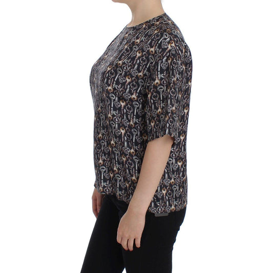Dolce & Gabbana Gray Gold Key Print Silk Blouse T-shirt SIG13325-4