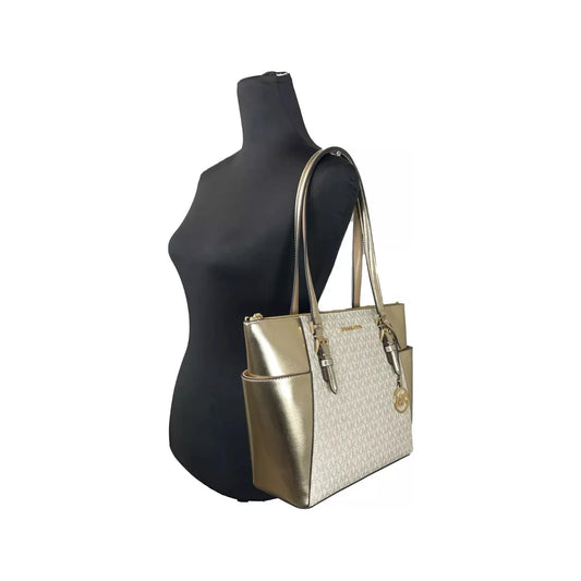 Michael Kors Charlotte Large Leather Top Zip Tote Bag Purse Gold 77089