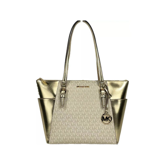 Michael Kors Charlotte Large Leather Top Zip Tote Bag Purse Gold 77089