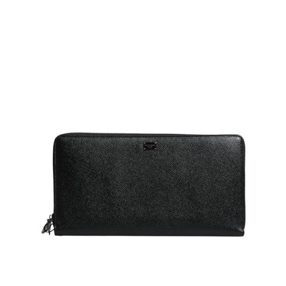 Dolce & Gabbana Black Calfskin Leather Logo Zip Around Continental Wallet