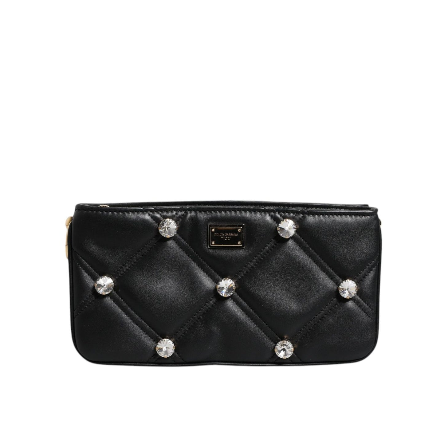 Dolce & Gabbana Black Leather Crystal Embellished Logo Shoulder Bag