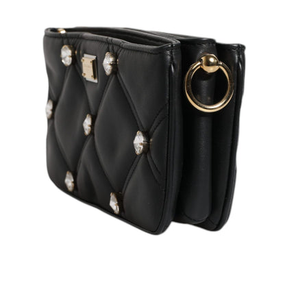 Dolce & Gabbana Black Leather Crystal Embellished Logo Shoulder Bag