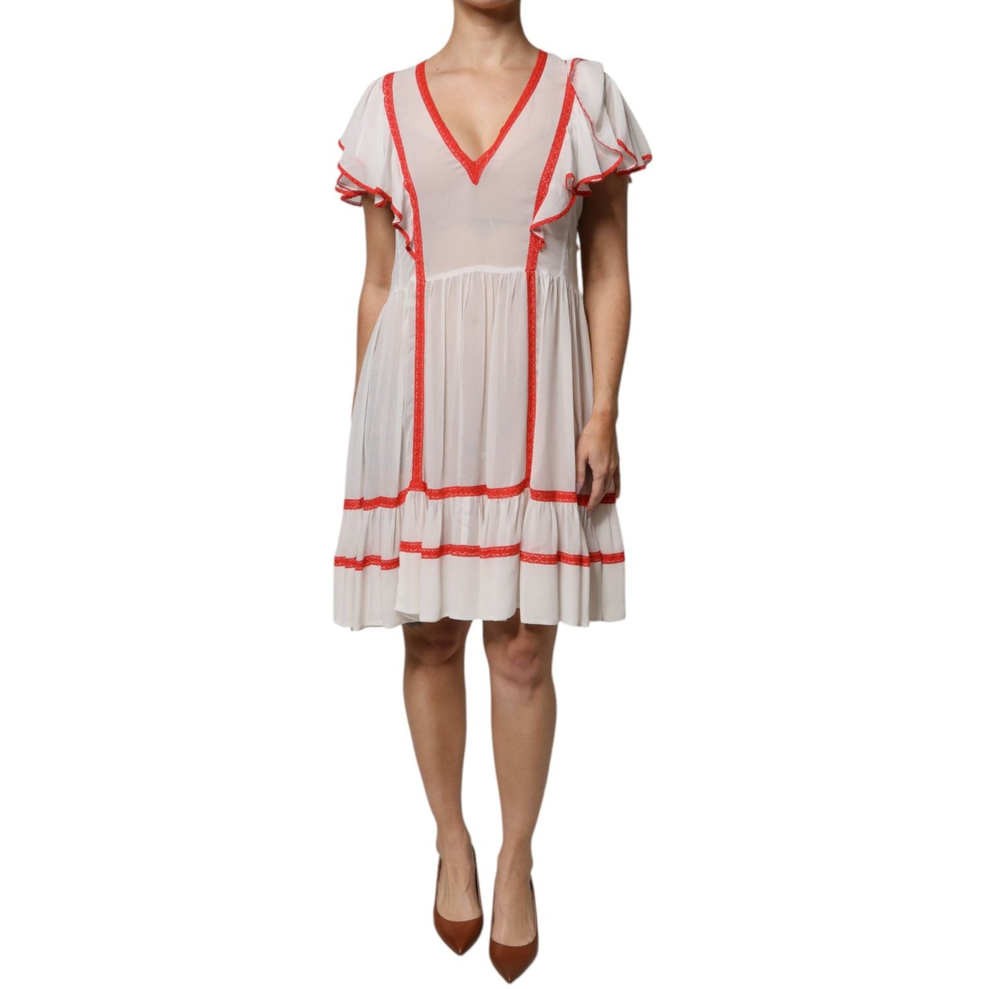 Twinset White Viscose Ruffle Sleeves A-line Pleated Mini Dress