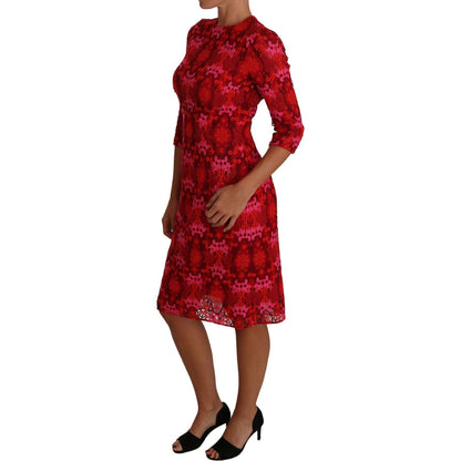 Dolce & Gabbana Floral Crochet Lace Red Pink Sheath Dress
