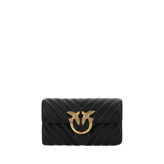 PINKO Black Calf Leather Bos Taurus Wallet with gold Love Birds logo, quilted design, magnetic closure, and chain strap.