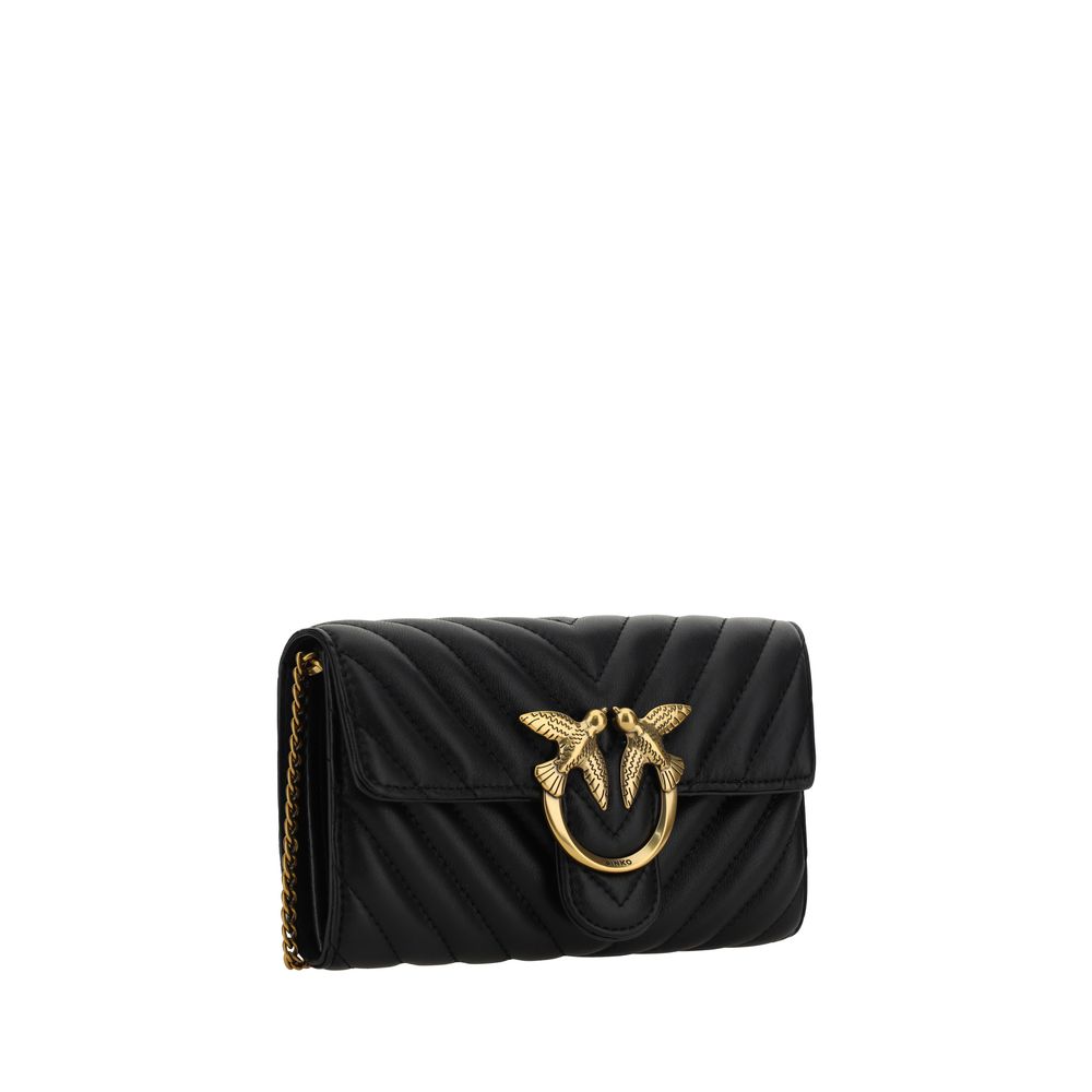PINKO Black Calf Leather Bos Taurus Wallet with gold Love Birds logo, quilted design, and chain strap. Elegant fashion accessory for SS25.