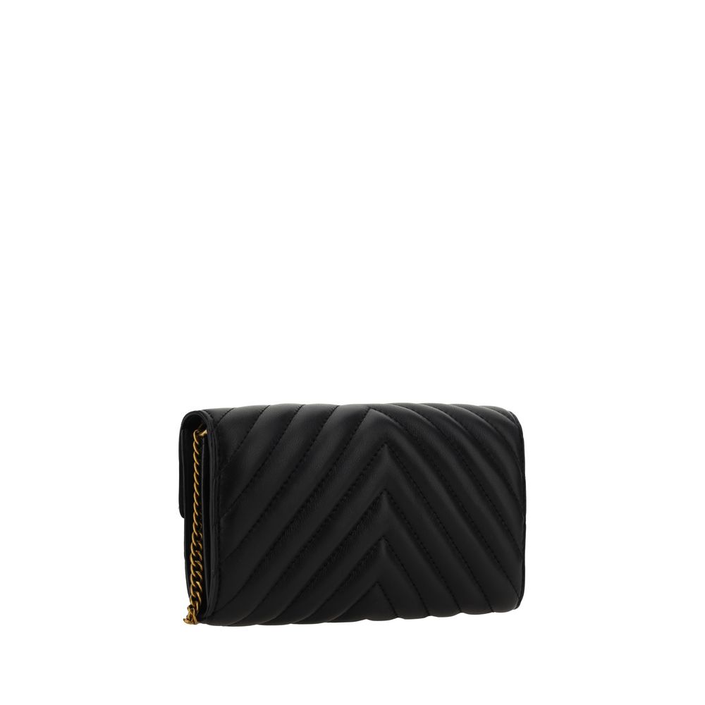 PINKO Black Calf Leather Bos Taurus Wallet with quilted design and gold chain, showcasing elegant style and functionality for SS25.