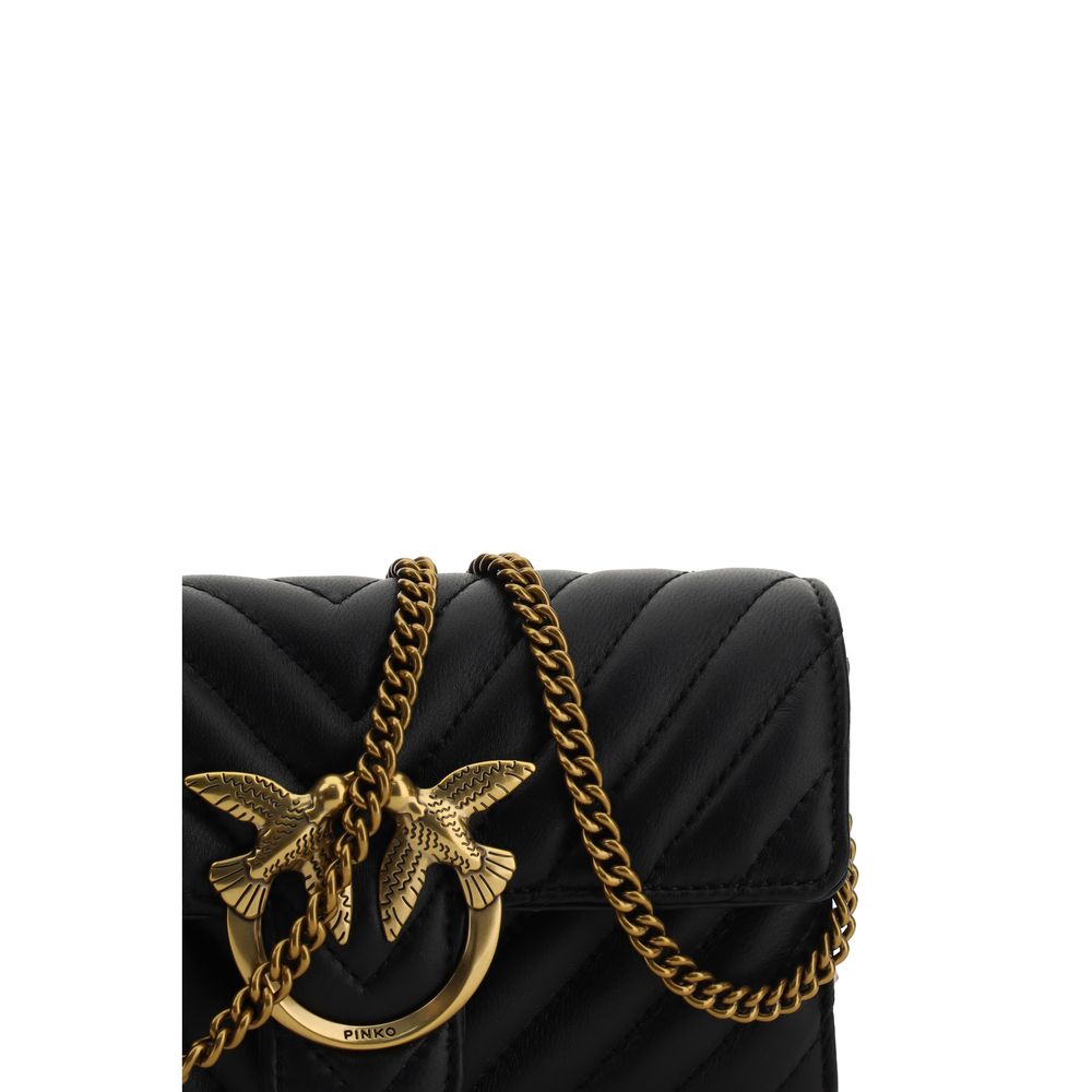PINKO Black Calf Leather Bos Taurus Wallet with gold Love Birds logo and chain, featuring a quilted design and magnetic flap closure.