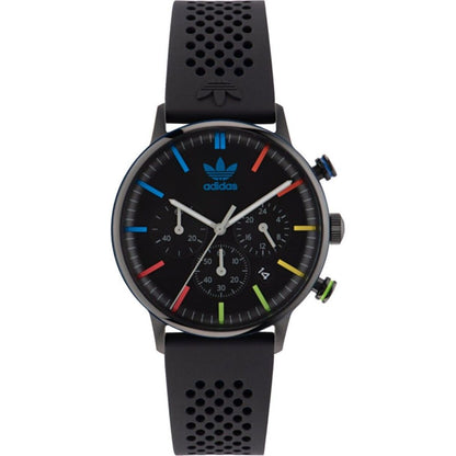 Adidas Black Synthetic Sport Watch with quartz mechanism, analog display, black stainless steel case and silicone bracelet, 5ATM water resistance.