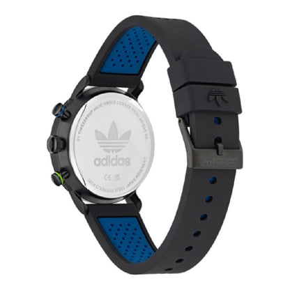 Back view of Adidas Black Synthetic Sport Watch with quartz mechanism and black silicone bracelet featuring stainless steel case.