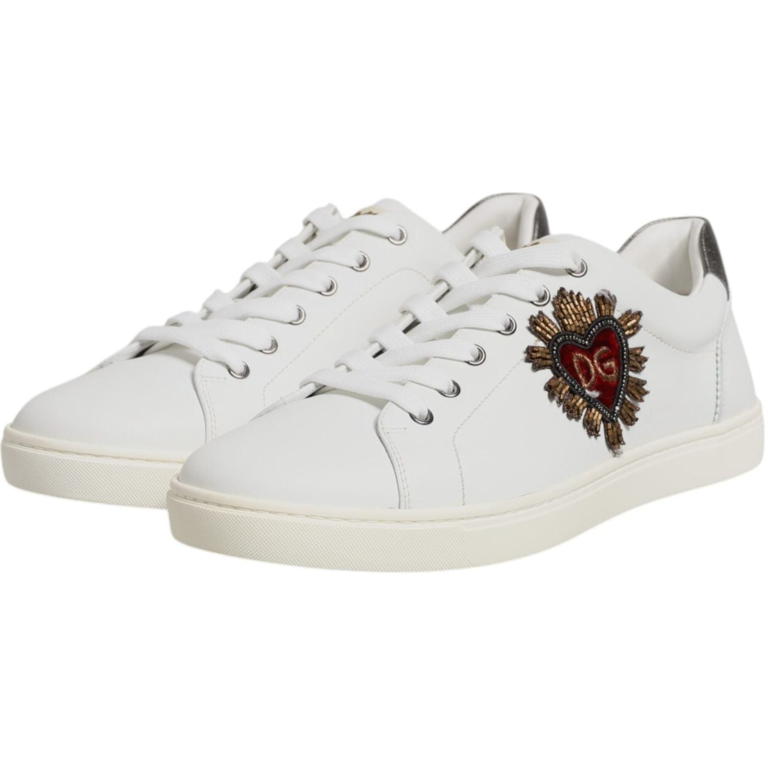 Dolce & Gabbana White Leather Heart Embellished Sneakers Shoes