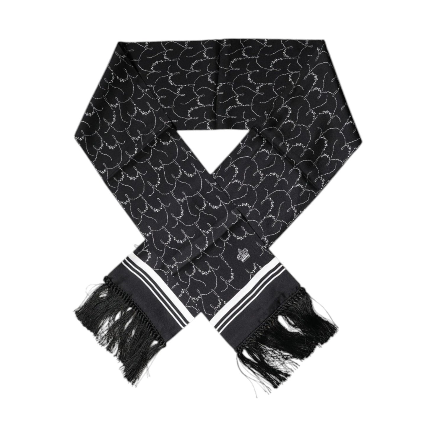 Dolce & Gabbana Black Patterned Skinny Fringes Shawl Scarf