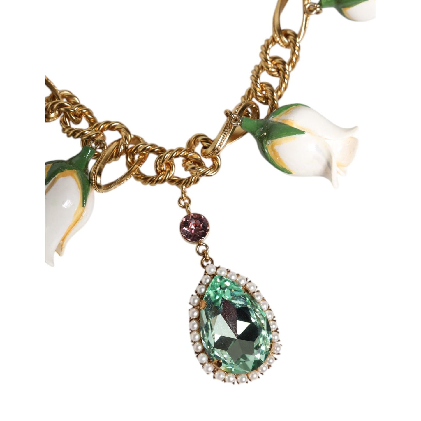 Dolce & Gabbana Gold Brass Short Chain Flower Crystal Pendant Necklace