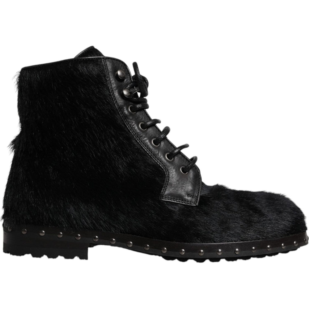 Dolce & Gabbana Black Pony Style Leather Mid Calf Boots Shoes