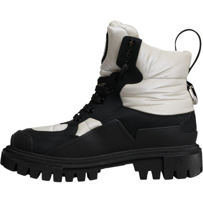 Dolce & Gabbana Black White Padded Mid Calf Lace Up Boots Shoes