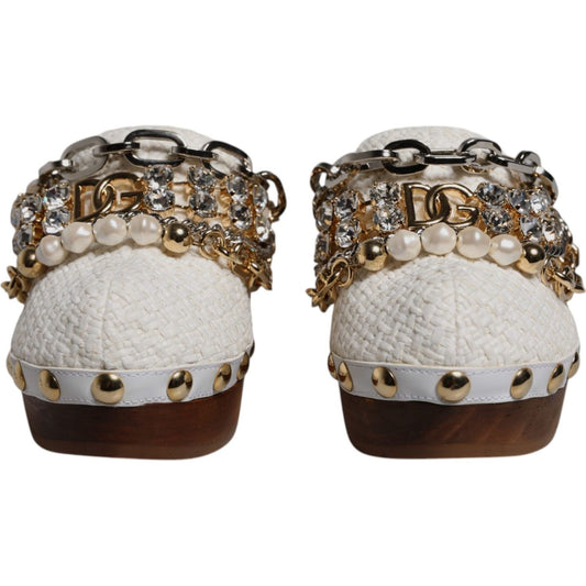 Dolce & Gabbana White Raffia Clogs Bejeweled Chain Sandals Shoes