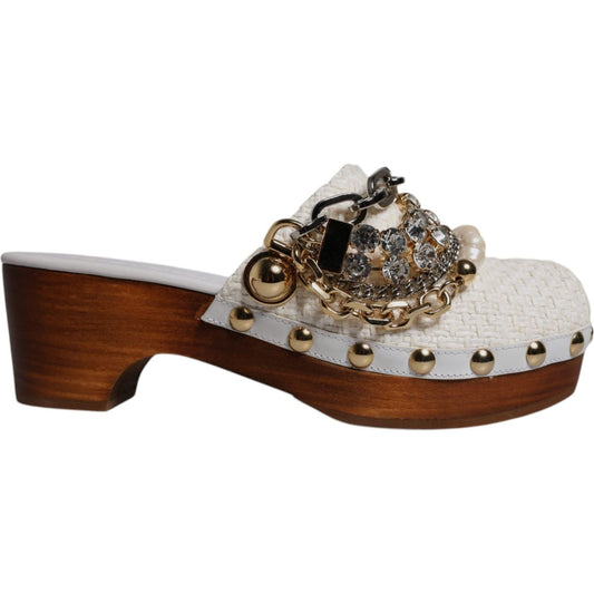 Dolce & Gabbana White Raffia Clogs Bejeweled Chain Sandals Shoes