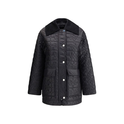Ganni Gray Nylon Coat with quilted design, wide corduroy collar, zip and snap closure, two patch pockets, perfect for cold weather elegance.