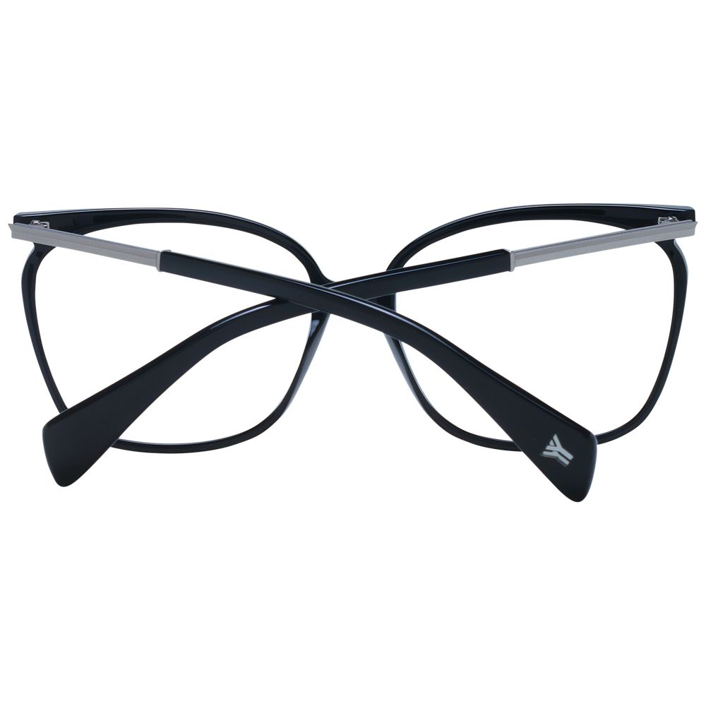 Yohji Yamamoto Black Women Glasses Frame in acetate with black square full-rim design, demo lenses, and branded soft case size 58-16-145.