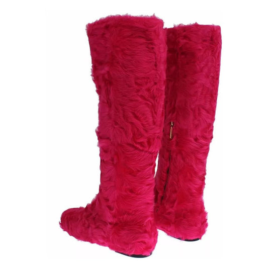 Dolce & Gabbana Pink Lamb Fur Leather Flat Boots Shoes LA2105-38
