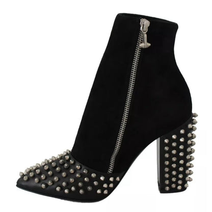Philipp Plein Black Suede Studded Heels Ankle Boots Shoes