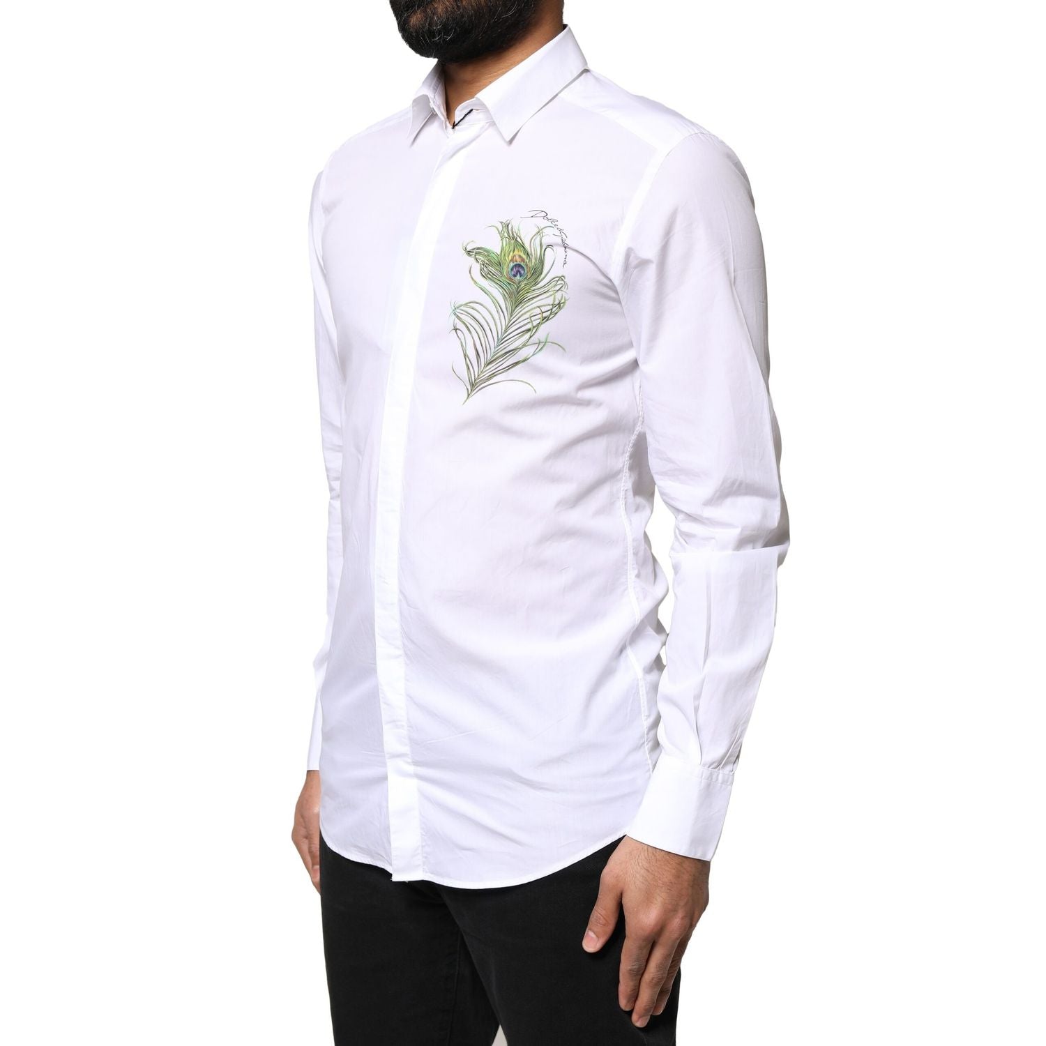 Dolce & Gabbana White Cotton Peacock Feather GOLD Formal Shirt
