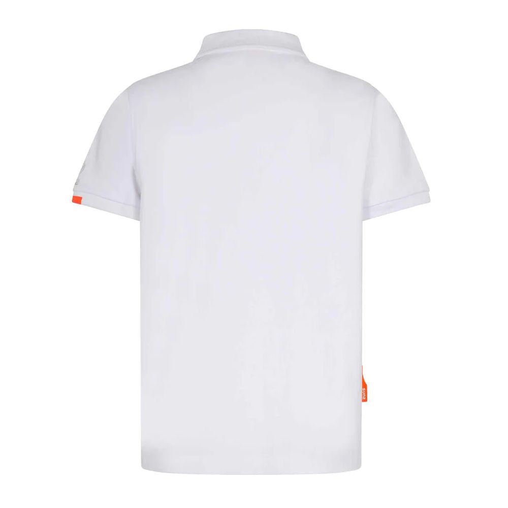 Back view of Suns White Cotton Polo Shirt with ribbed collar and logo on left sleeve, featuring a front button closure.