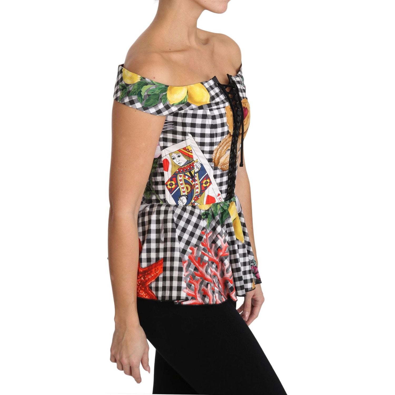 Dolce & Gabbana Black and White Corset Blouse Sicily Lemon Check Top