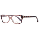 Guess Pink Women Glasses Frame in rose color with full-rim plastic frame, rectangle style, includes branded case, suitable for women.