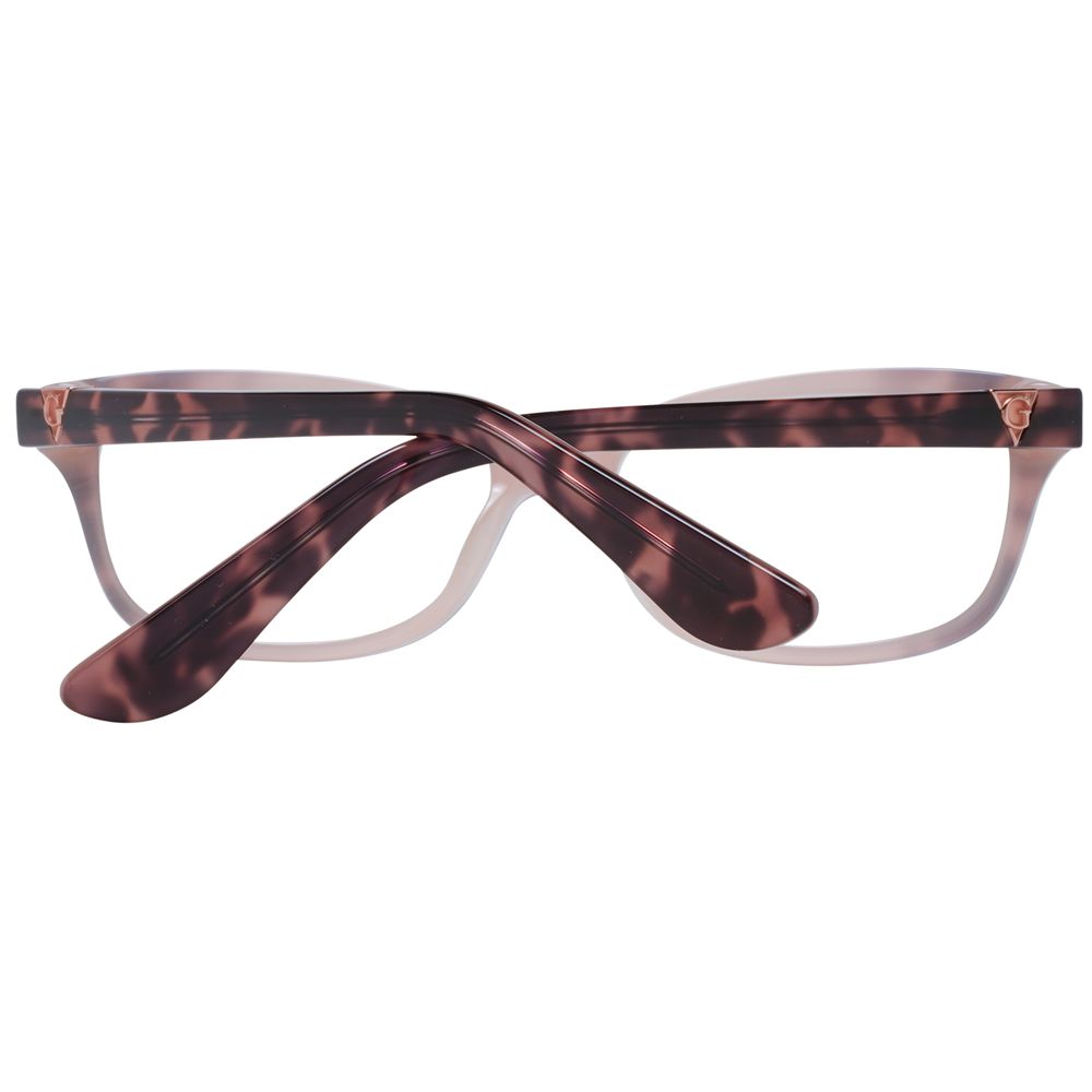 Guess Pink Women Glasses Frame in rose color, full-rim rectangle plastic design, demo lenses, comes with branded case, spring hinge included.