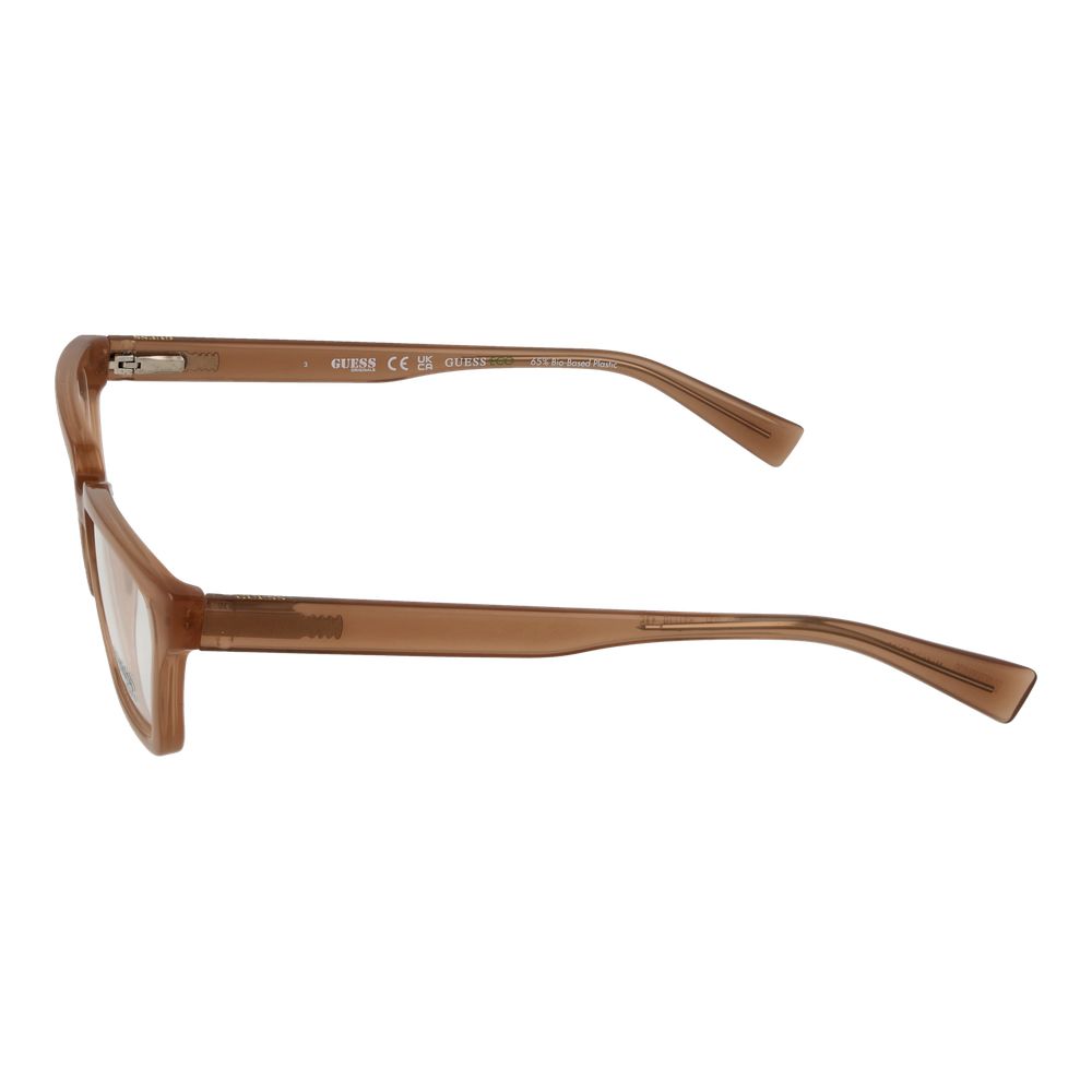 Side view of Guess Beige Women Glasses Frame with full-rim plastic frame and spring hinge, showcasing stylish rectangle design.