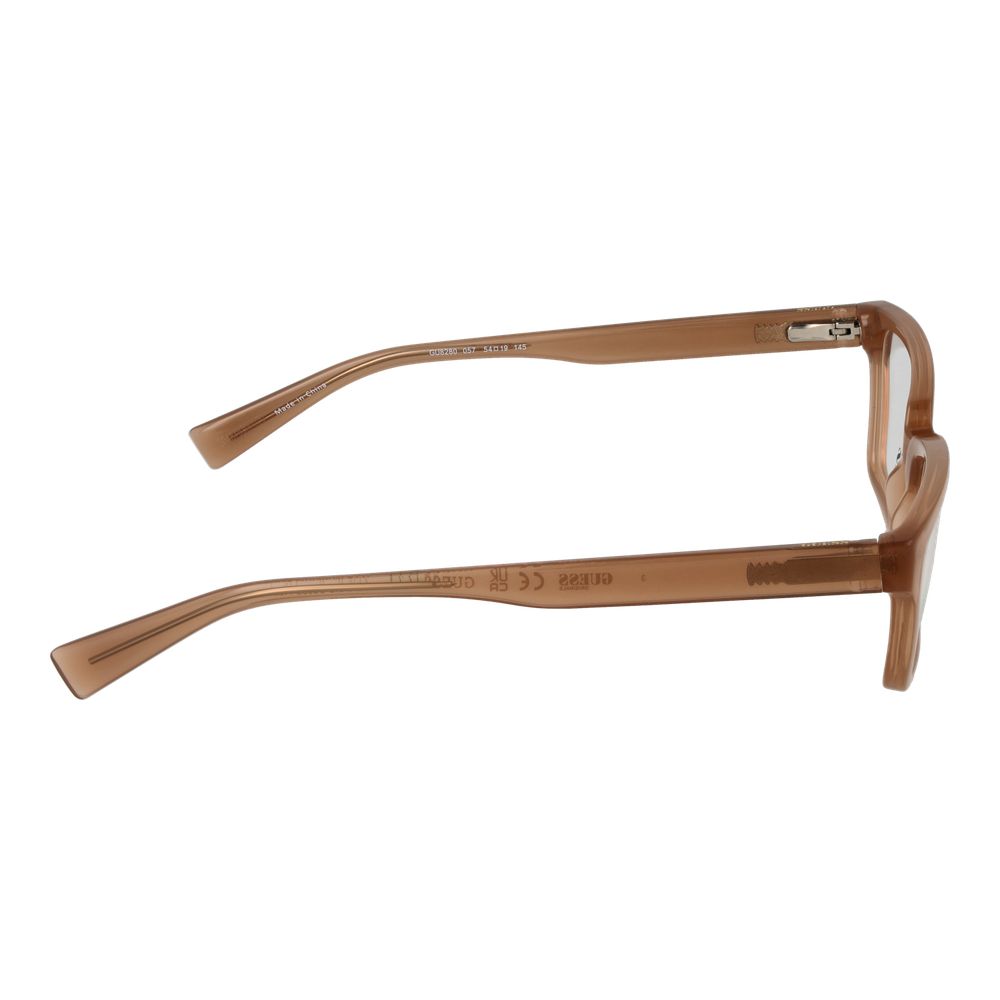 Guess Beige Women Glasses Frame, side view of full-rim rectangle style with beige plastic frame and spring hinge.