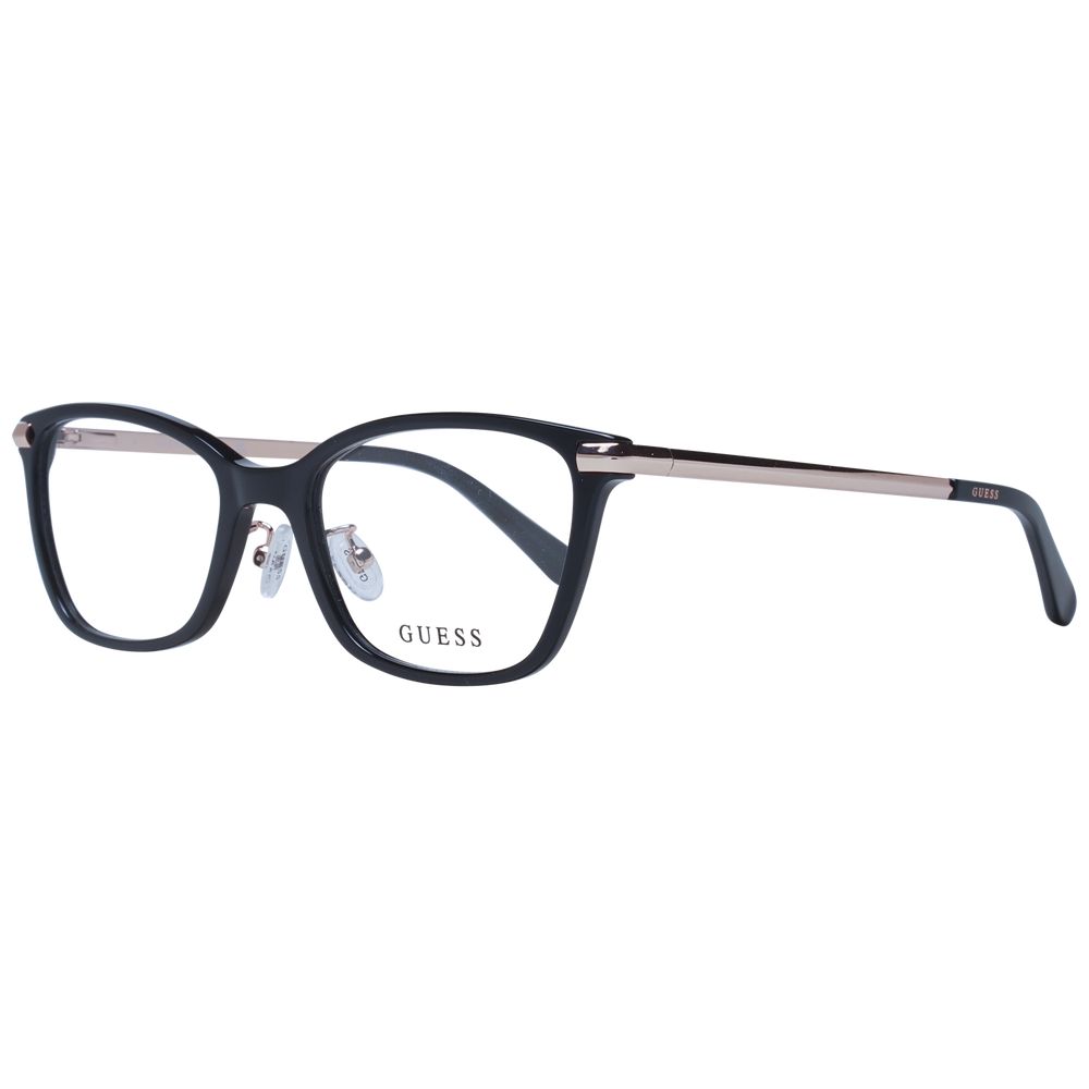 Guess Black Women Glasses Frame, full-rim black plastic, rectangle style, 53mm lenses, spring hinge, includes branded case.