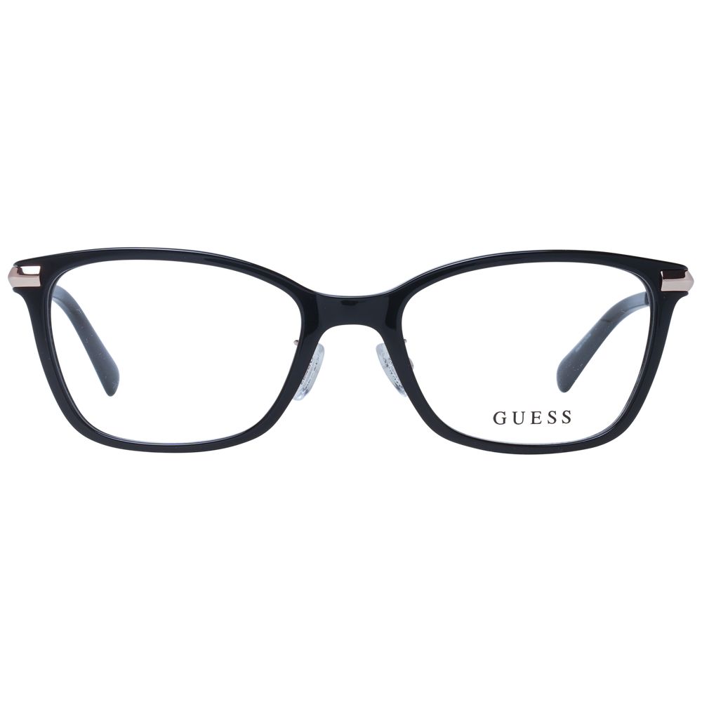 Guess Black Women Glasses Frame with black full-rim plastic design, rectangle shape, and demo lenses. Includes branded case for stylish eyewear.