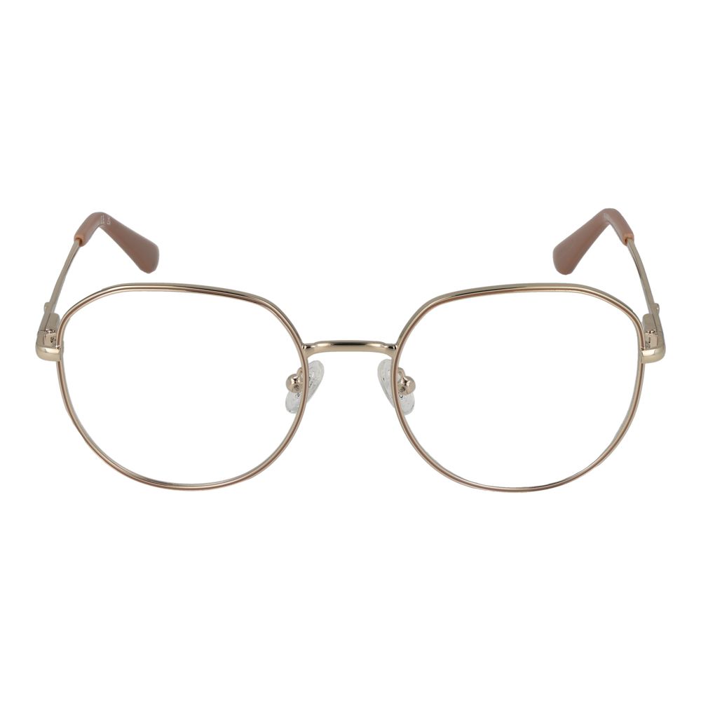 Guess Gold Women Glasses Frame, metal full-rim, round style with demo lenses, featuring spring hinge and branded case included