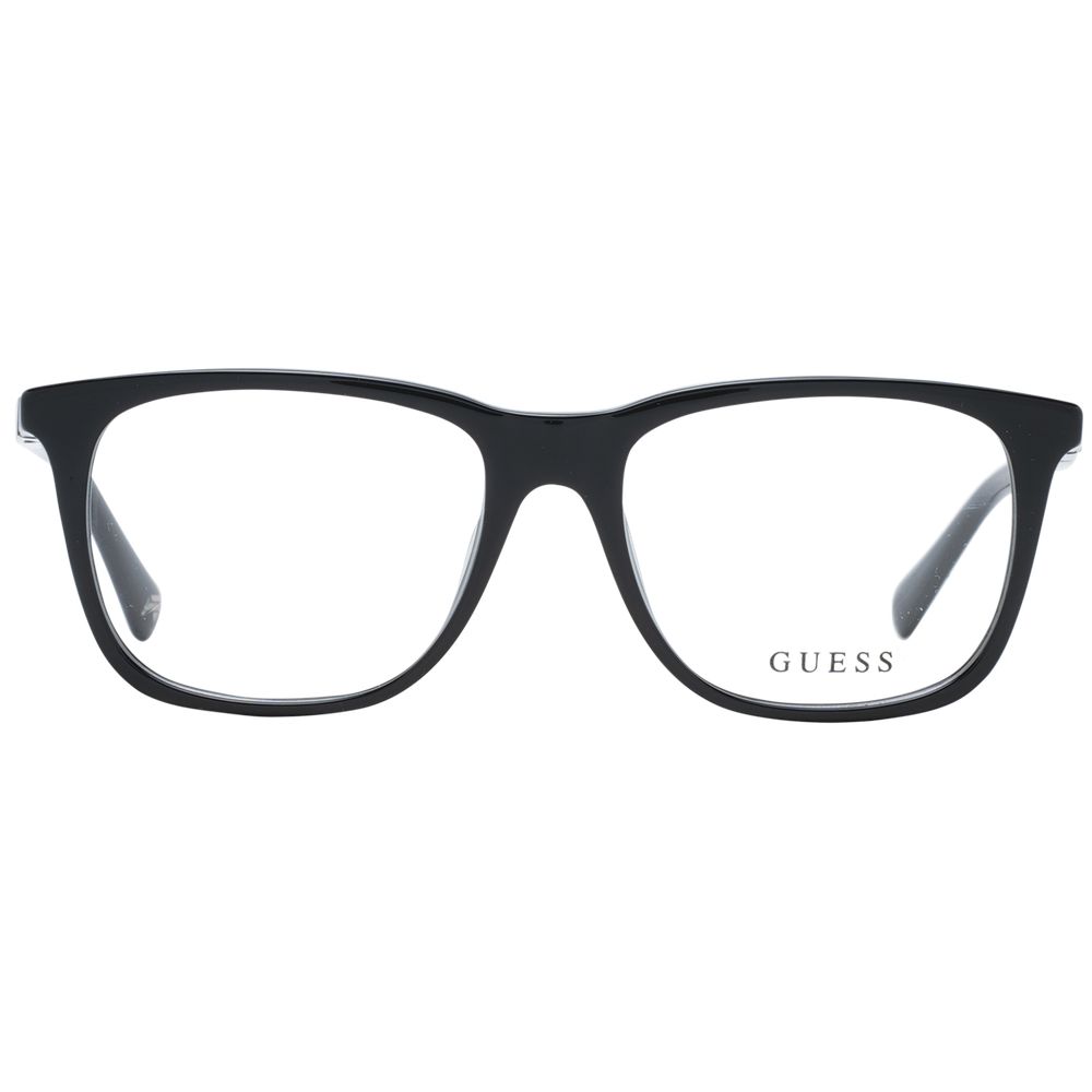 Guess Black Unisex Glasses Frame, full-rim plastic, square style with demo lenses, size 52-16-145, includes branded case.