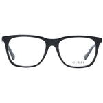 Guess Black Unisex Glasses Frame, full-rim plastic, square style with demo lenses, size 52-16-145, includes branded case.